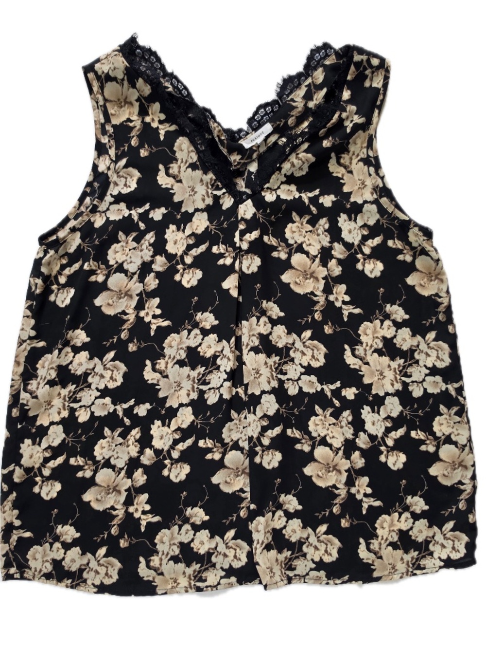 Pleione Tank Womens L Black‎ Floral Satin Camisole Lace Trim Unlined V-Neck